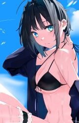 absurdres blue_eyes breasts female highres looking_at_viewer short_hair simple_background solo twitter_username yuu_naay