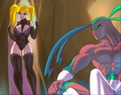 1boy 1boy1girl 1girls abs alien beatrix_(tactics_elemental) big_breasts big_penis blonde_hair color dashe female fred_perry green_eyes hi_res large_breasts long_hair looking_at_another male multicolored_hair muscular muscular_male red_eyes tactics_elemental tagme thick_thighs