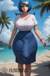 ai_generated beach blue_eyes blue_hair bulge bulge_through_clothing covered_penis flaccid flordulce freckles futa_only futanari lana's_mother_(pokemon) long_skirt milf ocean outdoors palm_tree penis pokemon pokemon_sm sand seductive seductive_look seductive_smile shirt skirt solo_futa standing white_shirt