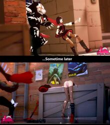 1boy 1girls 3d after_sex bent_over cum_in_pussy cum_inside cum_on_lower_body defeated defeated_heroine english_text female grimm_(rwby) human instant_loss_2koma male monster nyahs_smut penis rape ruby_rose rwby tagme text