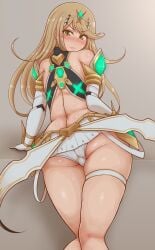 >:( 1girls annoyed ass backless_outfit bad_anatomy bare_shoulders blonde_hair blush butt_crack commentary_request elbow_gloves female from_behind gloves highres long_hair looking_at_viewer looking_back miniskirt mythra nintendo ponpo ponponmaru skirt solo standing sweat swept_bangs tiara v-shaped_eyebrows very_long_hair xenoblade_(series) xenoblade_chronicles_2