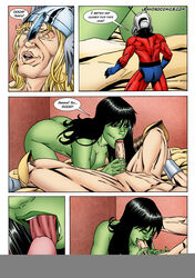 1girls 2boys abs ant-man ant-man_(series) asgardian avengers bed black_hair blonde_hair blowjob breasts closed_eyes comic dialogue fellatio female green-skinned_female green_eyes green_skin hank_pym helmet helmet_only hulk_(series) human leandro_comics light-skinned_male light_skin male marvel marvel_comics micro_male muscular navel nude_female nude_male oral she-hulk speech_bubble straight thor_(marvel) thor_(series) tight_throat tongue uncensored voyeur voyeurism