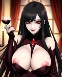 ai_generated big_breasts black_hair breasts_out luxury original_character pink_nipples red_eyes red_lipstick red_nails red_wine vampire vampire_girl wine wine_glass