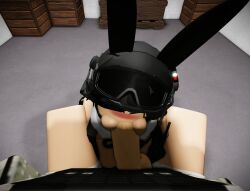 1boy 1girls 3d anon before_sex blowjob blush bunny_ears bunnysuit closed_eyes female headphones helmet kidnapped patatrr34 roblox robloxian self_upload sucking_penis tactical_gear tactical_glasses tagme