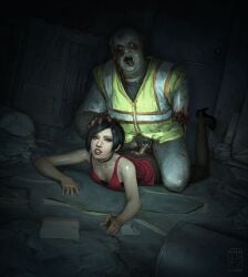 ada_wong asian_female black_hair blood erodun gritted_teeth hand_on_head high_vis monster monster_rape on_floor pubic_hair public rape reaching_out red_dress resident_evil resident_evil_2_remake ripped_pantyhose rotting ugly_bastard warehouse zombie