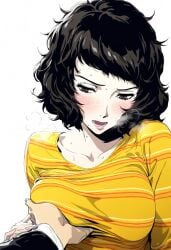 ai_generated big_breasts black_hair blush bob_cut breast_grab breast_squeeze breast_squish brown_eyes choku_to-san_no_kyonyū embarrassed embarrassed_female fluffy_hair horny horny_female looking_away older_female persona persona_5 sadayo_kawakami short_hair sweat sweating teacher teacher_and_student teenager turned_on