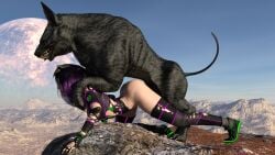 3d alien all_fours bottomless breeding canine female female_on_feral female_penetrated human_on_feral interspecies looking_pleasured male monster monster_rape outdoors purple_hair sex thighhighs torn_clothes wyllscarlett zoophilia