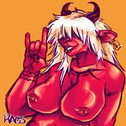 big_breasts black_nails bovid breasts colored_nails demon desdemona_(fortnite) desdemoona ear_tag facial_piercing female fortnite hair hair_over_eyes hi_res horn inner_ear_fluff junkracks mammal nails navel nipple_piercing nipples nose_piercing nose_ring piercing red_body red_skin ring_piercing smile solo tattoo tuft