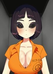 ._. 1girls ananakawaii bangs big_breasts black_hair blush cleavage clothing d-class eyebrows female female_only fully_clothed light-skinned_female light_skin looking_at_viewer no_pupils scp-134 scp_foundation serious short_hair