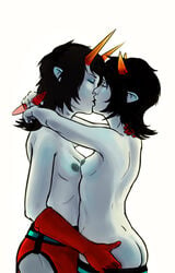 2girls ass black_hair black_lips breasts closed_eyes female glasses gloves grey_skin homestuck horns incest kissing ms_paint_adventures multiple_girls neophyte_redglare nipples pointy_ears short_hair small_breasts teal_nipples terezi_pyrope troll white_background yuri