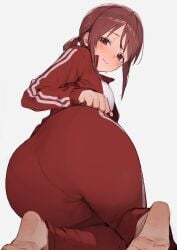 absurdres ass ass_focus barefoot blush breasts brown_hair feet female foreshortening highres idolmaster idolmaster_cinderella_girls jacket looking_at_viewer looking_back medium_breasts mifune_miyu pants pantylines red_jacket red_pants simple_background soles solo sooon sweat track_jacket track_pants white_background