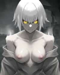 ai_generated angry fog foggy ghost ghost_girl ghostly glaring haunted_house original_character white_hair yellow_eyes