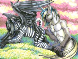 2004 2boys anthro ayame_emaya beard duo equid equine finger_in_anus finger_in_ass fingering fingering_anus fingering_ass fingering_partner furry gay hooves horn male male/male outdoors outside pegasus unicorn unicorn_horn wings yaoi zebra