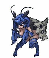 animated antennae armor black_eyes blue_hair bottomless bouncing_breasts breastplate breasts claws crab female female_focus monster_girl monster_hunter muhut multicolored_hair personification shell shogun_ceanataur skull solo tagme thighs weird