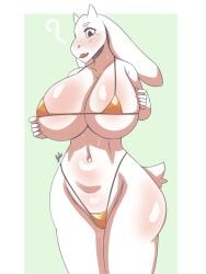 <3_eyes 2023 2_horns anthro big_breasts bikini biped bluepanda1 blush blush_lines bodily_fluids boss_monster bovid breasts camel_toe caprine clothed clothing eyebrows female floppy_ears front_view genital_fluids goat heart hi_res horn huge_breasts leaking long_ears mammal mature_female micro_bikini navel open_mouth pussy_juice pussy_juice_leaking scut_tail short_tail simple_background solo standing swimwear tail thick_thighs toriel undertale undertale_(series) white_background white_body