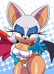 1girls anthro bat big_ass big_breasts big_butt blue_eyes breasts chiropteran dc female leotard looking_at_viewer mobian_(species) mobian_monster power_girl_(cosplay) rouge_the_bat smile solo sonic_(series)