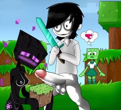 areolae balls big_penis black_hair blush breasts creeper creepypasta crossover enderman erection female heart huge_balls huge_cock itowngameplay jeff_the_killer looking_at_partner looking_at_penis male meme minecraft nipples penis pussy school_uniform schoolgirl smile sword youtube