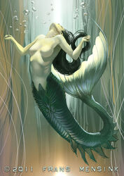 2011 black_hair breasts female frans_mensink gills long_hair mermaid mythology no_nipples original solo straight_hair tail tail_fin topless