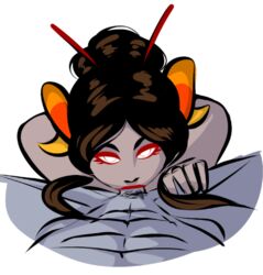 1boy 1girls brown_hair damara_megido daspyorno fellatio female grey_skin hair_bun homestuck horn long_hair looking_at_viewer male ms_paint_adventures muscular oral penis pov red_lips sex spread_legs straight troll white_background white_eyes