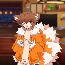 1boy :3 background blush brown_eyes brown_hair circumcised clothing cute dash embarrassed fingers_together fox fox_ears fox_tail fur furry gd_colon geometry geometry_dash nipples no_pants orange_fur orange_tail owo penis shaved_crotch shirtless shirtless_(male) tail uwu white_fur