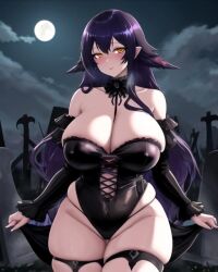 ai_generated big_breasts blush blushing_at_viewer chubby chubby_belly chubby_female fat fat_female fat_woman full_moon gold_eyes goth goth_girl gothic gothic_girl graveyard lingerie looking_at_viewer original_character purple_hair