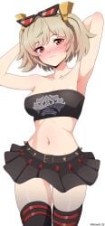 1girls absurdres armpits arms_behind_head arms_up bandeau black_skirt black_thighhighs blonde_hair blush breasts burnice_white cleavage cowboy_shot eyewear_on_head female female_only fully_clothed highres looking_at_viewer midriff miniskirt navel nose_blush pleated_skirt pointy_chin revealing_clothes roswell_ss simple_background skirt solo standing stomach strapless sunglasses thighhighs thighs tube_top two_side_up white_background zenless_zone_zero