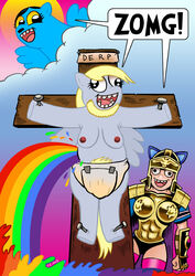 1boy 1girls 2013 adolf_hitler affront_to_nature anthro anthrofied areola blonde_mane blue_skin bound breasts clothed clothed/nude clothed_female clothes clothing comedy costume crucifixion curtsibling derp_eyes derpy_hooves dialogue diaper digital_drawing_(artwork) digital_media_(artwork) equid equine eyelashes fake_ears fan_character feathered_wings feathers female female_focus female_only fingers flat_colors friendship_is_magic funny fur grey_body grey_feathers grey_fur grey_skin grey_wings hair happy hasbro headgear headwear helmet hooves horse human humanoid humor legwear looking_at_another looking_at_viewer magic mammal mane mare meme multiple_females multiple_girls my_little_pony nightmare_fuel nipples open_mouth open_smile original_character outdoors outside peeing peeing_self pegasus pubic_hair rainbow restrained restraints smile smiling soiling soiling_diaper striped_socks tail teeth text unusual_anatomy urination urine wet_diaper wetting wetting_diaper wetting_self what wings yellow_sclera yellow_tail