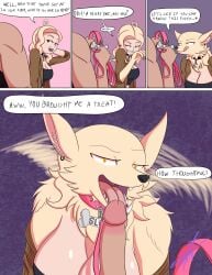 1boy 1girls blonde_hair claws clothed_female clothed_sex collar comic comic_page comic_strip dialogue ear_piercing female furry leash male male/female monster_girl necklace noxshade original_character selena_lobo tailwag text werewolf werewolf_girl