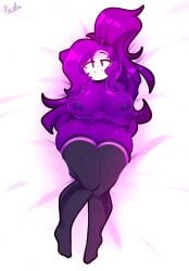 areolae bedsheets cosmic_(blankmissor) dakimakura dakimakura_design friday_night_funkin ghostlykoisus koishiko_(artist) large_breasts large_thighs long_hair nude original ponytail purple_body purple_hair pussy smile solo tagme thighhighs white_face