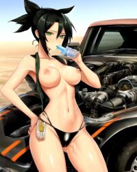 ai_generated bikini_bottom black_hair car desert green_eyes hair_tied looking_at_viewer mechanic original_character outdoors outside water water_bottle