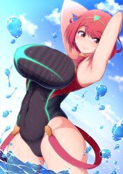 1girls armpits bad_anatomy beach blush breasts cloud competition_swimsuit day female gem hair_ornament headpiece highres huge_breasts jewelry large_breasts nintendo one-piece_swimsuit ponpo ponponmaru pose pyra red_hair short_hair sky smile splashing swimsuit thighs tiara water wet xenoblade_(series) xenoblade_chronicles_2