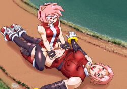 1futa 1girls 2d amy_rose anthro anthro_on_human big_breasts bottomless breasts clothed clothing crossover dinotits duo female furry futa_on_female futanari human light_skin naruto on_back outfit_swap partially_clothed sakura_haruno short_hair sonic_(series) sonic_the_hedgehog_(series) thighhighs