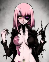 ai_generated breasts head_wrap heterochromia original_character pink_hair smile smiling_at_viewer zombie zombie_girl