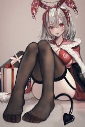 1girls aniftt arknights artist_name bunny_ears christmas demon_girl demon_tail feet hi_res horns light-skinned_female light_skin looking_at_viewer red_eyes short_hair smile solo thighhighs w_(arknights) white_hair