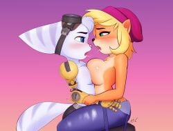 2girls activision anthro applespicex black_nose blonde_hair blue_eyes breasts coco_bandicoot crash_(series) female/female fur furry goggles goggles_on_head green_eyes hair open_mouth orange_body orange_fur pink_nose purple_body purple_fur purple_hair ratchet_and_clank rivet_(ratchet_and_clank) sony_corporation sony_interactive_entertainment tail yuri