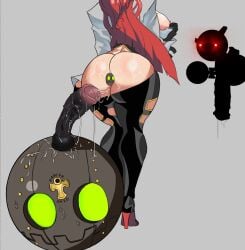 1boy 1girls backboob big_ass big_breasts big_penis byme dildo glowing_eyes guilty_gear huge_ass huge_cock imminent_sex jack-o'_valentine large_breasts long_hair red_eyes red_hair thick_thighs