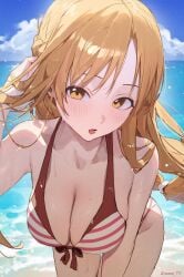 1girls 2024 beach blonde_hair blush breasts cleavage eyebrows long_hair looking_at_viewer open_mouth solo solo_female solo_focus sooon swimsuit sword_art_online water yuuki_asuna