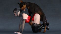 3d all_fours black_hair boots breeding canine dobermann dog domestic_dog female_on_feral female_penetrated fingerless_gloves high_heel_boots human_on_feral interspecies looking_pleasured medium_breasts one-piece_swimsuit rape red_swimsuit sex thighhighs wyllscarlett zoophilia