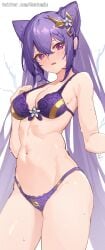 1girls bantomin bra female female_only genshin_impact keqing_(genshin_impact) lingerie long_hair panties purple_bra purple_eyes purple_hair purple_lingerie purple_panties purple_underwear solo solo_female twintails underwear