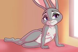 3_toes anthro bed bedroom_eyes blackmore breasts disney feet female furniture hi_res inside judy_hopps lagomorph leporid lying mammal narrowed_eyes nude rabbit seductive small_breasts solo tail teeth toes zootopia