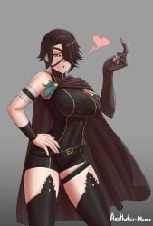 1girls aestheticc-meme bandage big_breasts black_hair blowing_kiss breasts cape cinder_fall claws clothed corrupted_arm eye_patch eyepatch female fully_clothed heart monster_arm one_eye_obstructed rwby slim_waist stockings thick_thighs villainess yellow_eyes