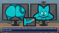 animated anthro bonguitoweon bouncing_penis computer desk domestic_cat electronics erection felid feline felis furniture genitals humanoid_genitalia humanoid_penis male male_only mammal nude penis short_playtime solo spanish_text table tablet text vein veiny_penis