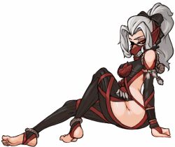 animated armor breasts feet female female_focus grey_hair hair_ribbon hip_vent hunter_(monster_hunter) looking_at_viewer mask monster_hunter muhut odogaron_(armor) ponytail red_eyes simple_background sitting tagme teasing thighs white_background white_hair