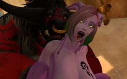 3d balkorn balls big_breasts draenei draenei_female horns horns_and_hooves humanoid lifting_person lily_(draenei) male nipple_piercing non-human non-human_only piercings srkloruc tattoo tattoo_on_chest tauren tauren_male tongue tongue_out warcraft world_of_warcraft