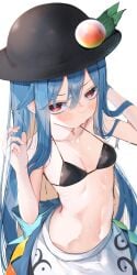 @_@ absurdres bikini bikini_top_only black_bikini black_headwear blue_hair blush breasts cleavage collarbone female food fruit hat_ornament highres hinanawi_tenshi long_hair looking_at_viewer navel peach_(fruit) petite simple_background skirt small_breasts solo stomach sweat swimsuit tenshi_hinanawi touhou tsune_(tune) v-shaped_eyebrows very_long_hair white_background white_skirt