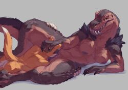 anjanath anthro areola arm_tuft babanasaur black_claws breasts brute_wyvern canid canine capcom claws cunnilingus dipstick_tail duo female fox fur genitals grey_background grey_body grey_fur grey_scales head_grab hi_res larger_female lying male male/female mammal markings monster_hunter neck_tuft nipples nude on_side open_mouth oral orange_body orange_fur pink_body pink_scales purple_areola purple_nipples purple_pussy pussy scales semi-anthro sex sharp_teeth shoulder_tuft simple_background size_difference tail tail_markings teeth thick_thighs tuft vaginal_penetration white_body white_fur wide_hips yellow_eyes