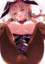 alternate_costume animal_ears aqua_eyes black_leotard blonde_hair breasts breasts_out brown_legwear detached_collar fake_animal_ears female heart heart-shaped_pupils ichiyou_moka kantai_collection large_breasts leotard long_hair low_twintails nipples pantyhose playboy_bunny prinz_eugen_(kantai_collection) rabbit_ears rabbit_tail solo strapless strapless_leotard symbol-shaped_pupils tail twintails