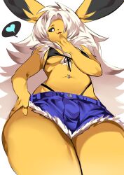 anthro aspirindabaitu big_breasts breasts female furry game_freak jolteon nintendo pokemon pokemon_only spoken_heart thick_thighs white_background wide_hips