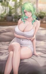 1girls 2023 alternate_version_available arm_support arm_under_breasts babydoll bare_shoulders beauty_mark bed bed_sheet belly big_breasts blurry_background blush ceres_fauna cleavage crossed_legs earrings female green_hair hololive hololive_english hololive_english_-council- hololive_english_-promise- horns huge_breasts large_breasts mole mole_under_eye navel riarfian simple_background sitting smile solo thick_thighs thighs virtual_youtuber white_babydoll yellow_eyes