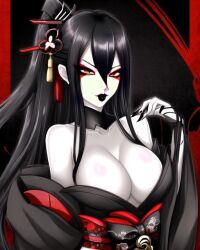 ai_generated big_breasts black_hair black_lipstick geisha geisha_ornament goth goth_girl gothic gothic_girl original_character red_eyes